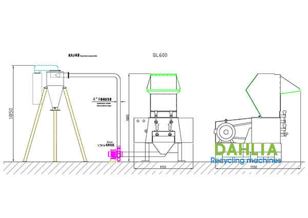 Potente dibujo de la máquina trituradora de plástico